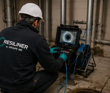 Technicien Resiliner réalisant une intervention de réhabilitation de canalisation sans démolition